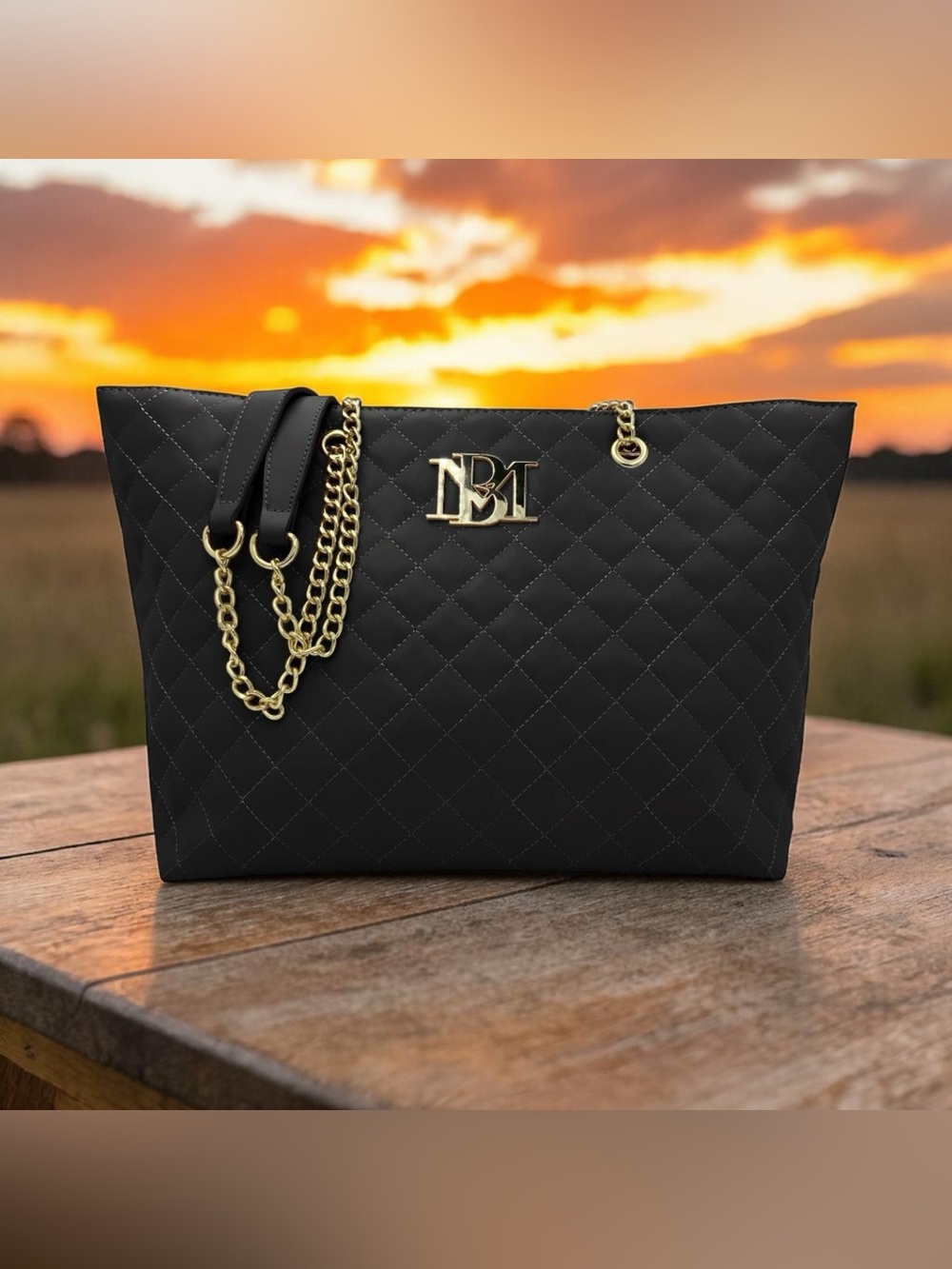 Badgley Mischka Black Quilted Tote with Gold Chain Straps